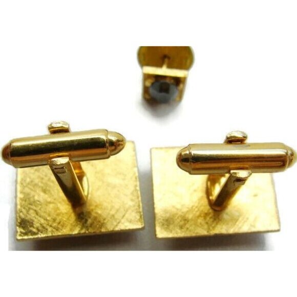 Black Faceted Cuff Link Set Dante Gold Tone Cufflinks & Tie Tack Tux Shirt Vtg - Picture 11 of 11